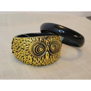 Bangles Polished Black Obsidian Agate & Awesome Owl Bracelet Pair Witch Jewelry